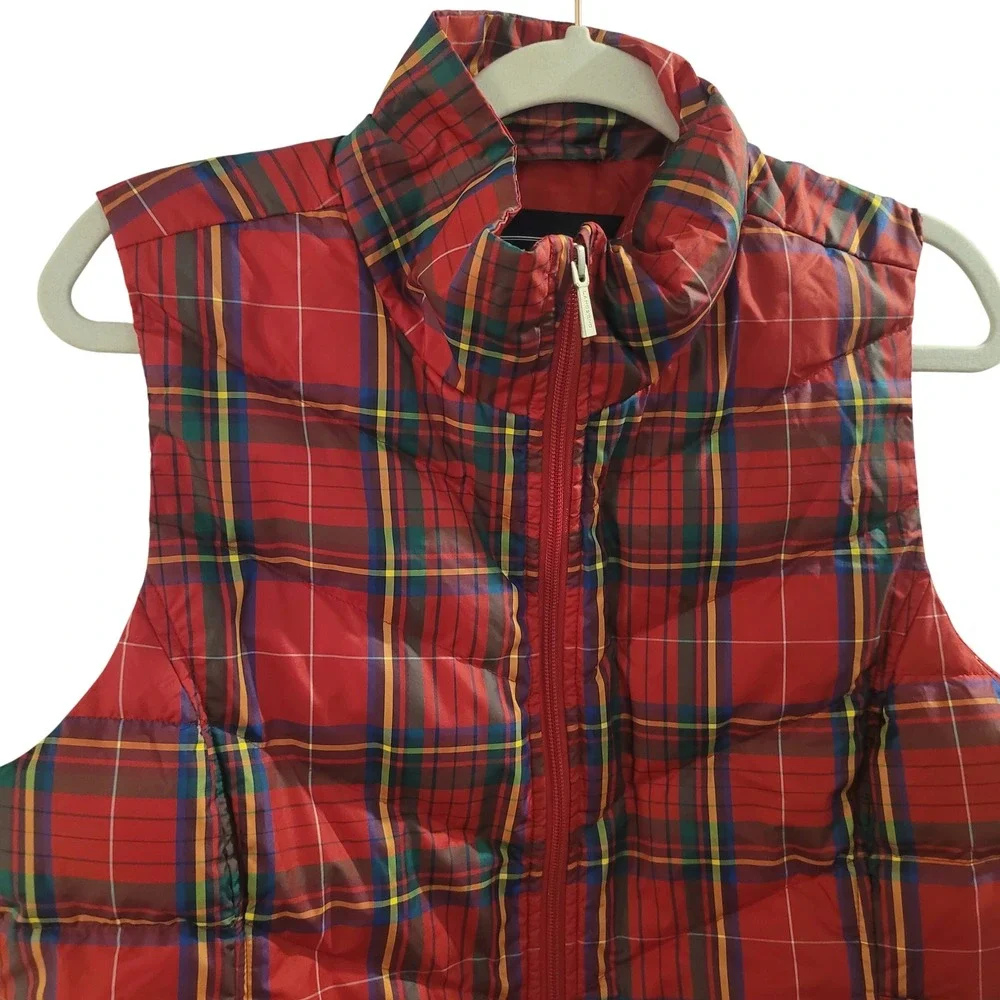 Lands‎ End Mens Red Tartan Plaid Down Puffer Vest Full Zip Medium 10-12 Quilted